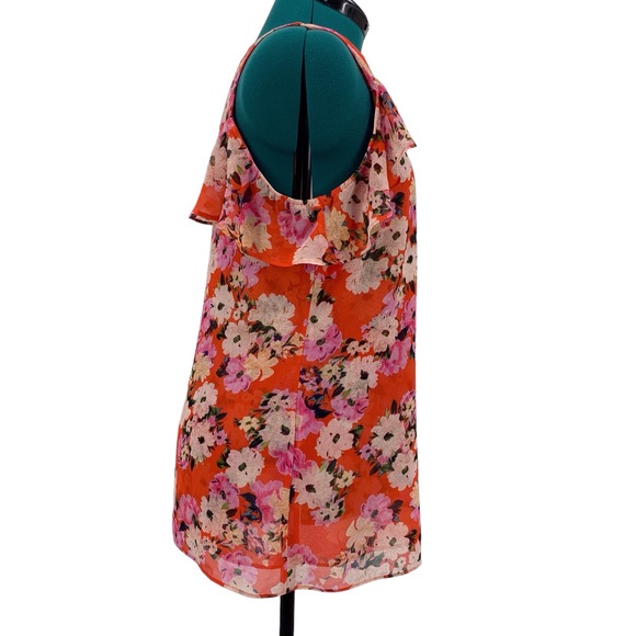 Cabi Lush Blouse # 5352, Hibiscus Floral Cold Shoulder Layered Blouse, Medium - Picture 9 of 17